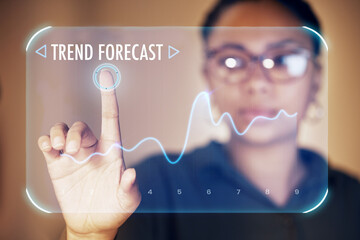 Leinwandbilder - Business woman, touch or hologram chart in night office on stock market management, finance planning or future growth forecast. Zoom, worker or hands on abstract screen for interactive trending graph