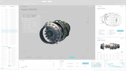 Computer CAD Software Mock-up Showing Design of Industrial Sustainable Green Energy Turbine Engine in 3D. Efficient Motor Prototype Animation. VFX Template for PC Displays and Laptop Screens.