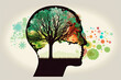 © Gelpi - Human brain tree with flowers, self care and mental health concept, positive thinking. Earth's Day. Generative AI