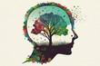 © Gelpi - Human brain tree with flowers, self care and mental health concept, positive thinking. Earth's Day. Generative AI