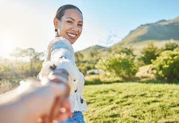 Canvas Print - Woman, park portrait and pov for holding hands, romance and love on nature adventure in sunshine. Girl, summer and outdoor in countryside with smile, happy and bonding by trees, grass and mountain