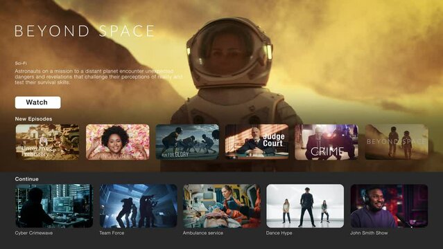 Fototapete - Interface of Streaming Service Website. Online Subscription Offers TV Shows, Realities, and Fiction Films. Screen Replacement for Desktop PC and Laptops With Featured Science Fiction Television Show.