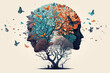 © Gelpi - Human brain tree with flowers, self care and mental health concept, positive thinking. Earth's Day. Generative AI