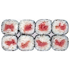 Poster - Set of Japanese maki sushi rolls with tuna, rice, nori, isolated on white.