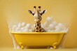 Giraffe taking a bath in a bathtub with foam, concept of Animal hygiene and Domestication of wild animals, created with Generative AI technology