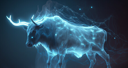 Wall Mural - magic, deer, bull, creature, light, energy, smoke, design, concept, backgrounds, blue, illustration, dark, fractal, space, science, x-ray, motion, black, power, brain, image, animation, generative, ai