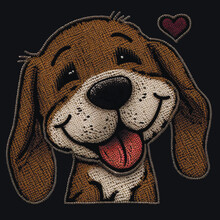 Smililng Puppy With Love Heart. Embroidery Textured Colorful Dog. Tapestry Happy Puppy With Love Heart. Embroidered Vector Background Illustration. Design For Card, Prints, Diy, Applique
