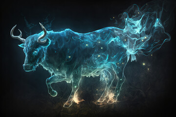 Wall Mural - magic, deer, bull, creature, light, energy, smoke, design, concept, backgrounds, blue, illustration, dark, fractal, space, science, x-ray, motion, black, power, brain, image, animation, generative, ai