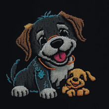 Smililng Dog With Puppy. Embroidery Textured Colorful Two Dogs. Tapestry Happy Two Friends. Embroidered Vector Background Illustration. Design For Card, Prints, Diy, Applique, Decor. Ornate Texture
