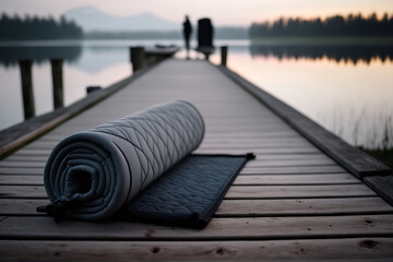 yoga mat morning by the lake Generative AI