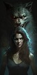 Movie poster of a werewolf standing behind a young and beautiful woman with cinematic dark background. Generative AI illustration