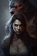 Movie poster of a werewolf standing behind a young and beautiful woman with cinematic dark background. Generative AI illustration
