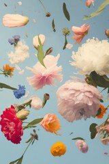 Wall Mural - Spring abstract background of fresh colorful meadow flowers in the air. On clear blue sky, plant nature concept. Flower explosion. Generative AI.