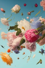 Wall Mural - Spring abstract background of fresh colorful meadow flowers in the air. On clear blue sky, plant nature concept. Flower explosion. Generative AI.