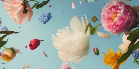 Wall Mural - Spring abstract background of fresh colorful meadow flowers in the air. On clear blue sky, plant nature concept. Flower explosion. Generative AI.