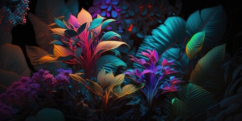 Tropical jungle landscape with fresh vivid plants, leaves and flowers. Beautiful forest, Summer botanical garden on sunny day. Generative AI.