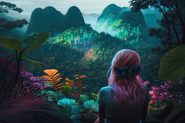 Young girl sitting and looking at tropical jungle landscape with fresh vivid plants, leaves and flowers. Beautiful forest, Summer botanical garden on sunny day. Generative AI.