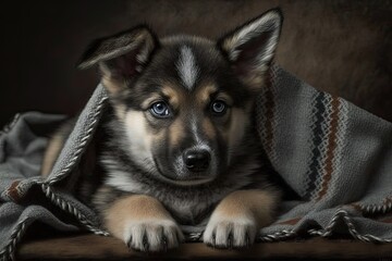 Wall Mural - On a blanket, a cute little shepherd husky mix puppy is casually resting his bow tied paws. Generative AI