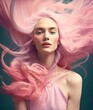 © Uncanny Valley - Portrait of beautiful, young girl with pastel pink colored hair. Spring concept, romantic female, clear skin and bright colors. Generative AI.