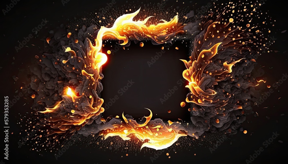 Black design space realistic flame frame border and fire sparks ...
