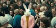 A mass of people and Easter rabbit, huge crowd and close up view of young handsome white bunny who stands out, stand out from crowd, be different and respect differences. Generative AI.