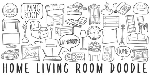Wall Mural - Living Room Doodle Icons. Hand Made Line Art. Home and House Clipart Logotype Symbol Design.