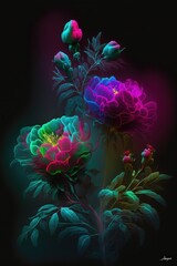 Wall Mural - Dark vivid lights creative neon colorful Spring fresh flowers concept in dust and fog. Generative AI.