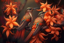 Hummingbirds, Ensifera Ensifera, Known For Having The Longest Bills Of Any Bird, Flit Through A Vibrant Orange Blossom In An Ecuadorian Forest. The Exotic Wildlife Of The Tropical Forest. Generative