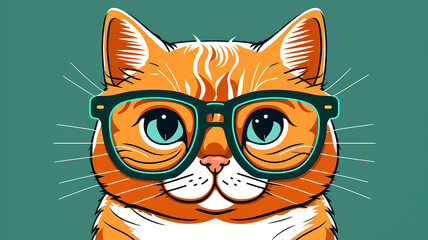  Cartoon hipster cat with glasses, generative AI.
