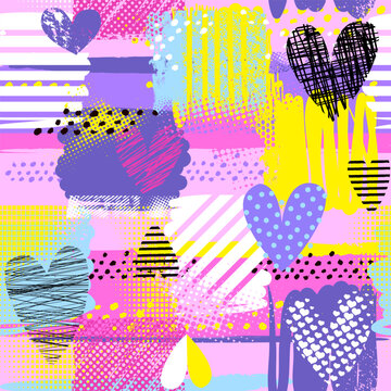 abstract seamless chaotic pattern with urban geometric elements, scuffed, drops, hearts, stars, spra