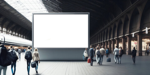 an empty blank billboard or advertising poster in a train station with blurred people. generative ai