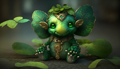 dragonfly on leaf Mischievous Shamrock Fairy. AI generated