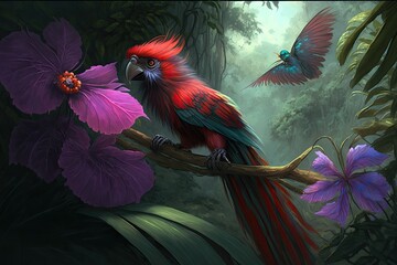 Poster - Feather and feather flier A sabre toothed violet butterfly hovers next to a vibrant crimson blossom. Birds with shrill calls soar across the jungle canopy. Tamarins and other monkeys in Costa Rica. Tw