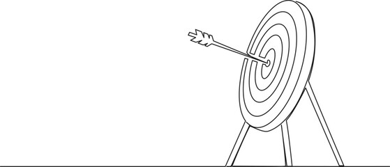 continuous single line drawing of archery target with arrow in middle, line art vector illustration