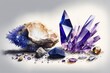 crystals of diamonds and rough blue sapphire A white background with raw amethyst and tanzanite stones. Generative AI
