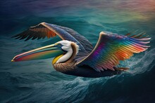 Where Dreams Unfurl And Soar: A Rainbow-Hued Pelican's Grand Adventure Generative AI