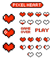 Wall Mural - Pixel heart set game life bar icon, 8 bit vector illustration for computer game. Web button, 