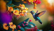 Hummingbird Flying To Pick Up Nectar From A Beautiful Flower. Digital Ai Artwork