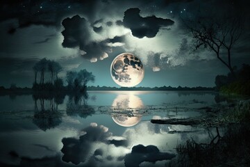 Poster - Over the night lake, the moon is full and clouds are forming. Generative AI