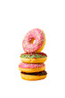 Delicious donuts isolated. Modern food concept. Advertising for pastry shops, cafes.	