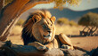 Wild African lion in the savanna. Portrait of majestic Lion king. Digital ai art	
