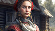 Beautiful Slavic woman in folk dress, generative AI.