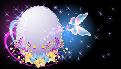 Wall Mural - Glowing fairytale round frame with magical transparent butterfly and flowers. Abstract fantastic blue background.