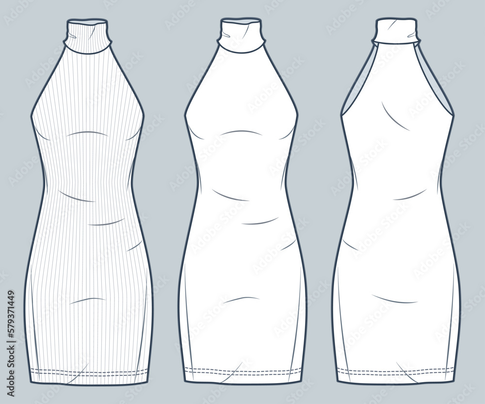 Jersey mini Dress technical fashion illustration. Roll neckline Dress  fashion flat technical drawing template, slim fit, sleeveless, ribbed,  front and back view, white, women CAD mockup. Stock Vector | Adobe Stock