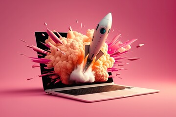 laptop and rocket illustration, pink background. generative ai