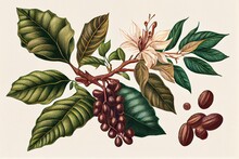 Coffee Plant Botanical Illustration, Coffee Branch With Fruits And Flowers, Abstract Generative AI Illustration