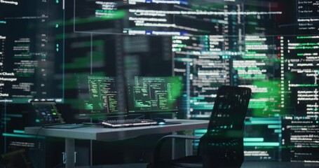 Wall Mural - No People Shot: Empty Desk Standing in a Monitoring Control Room, With Laptop Computer Surrounded by Big Screens Displaying Lines of Programming Language Code. Autonomous AI Computer Coding a Software