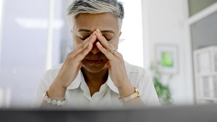 Poster - Eye pain, headache and business woman at laptop with anxiety, mental health and problem. Tired, frustrated and stressed female working online with fatigue, burnout or depression of 404 glitch mistake