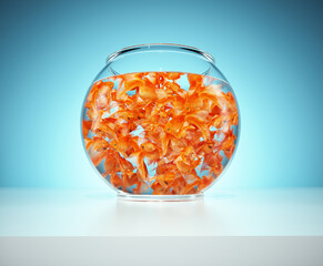 Wall Mural - Lots of goldfish in bowl on blue background. The concept of captivity. T