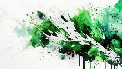 Wall Mural - Green and white watercolor wallpaper. Bright abstract acrylic background. Green and black paint on white paper. Generative AI art.